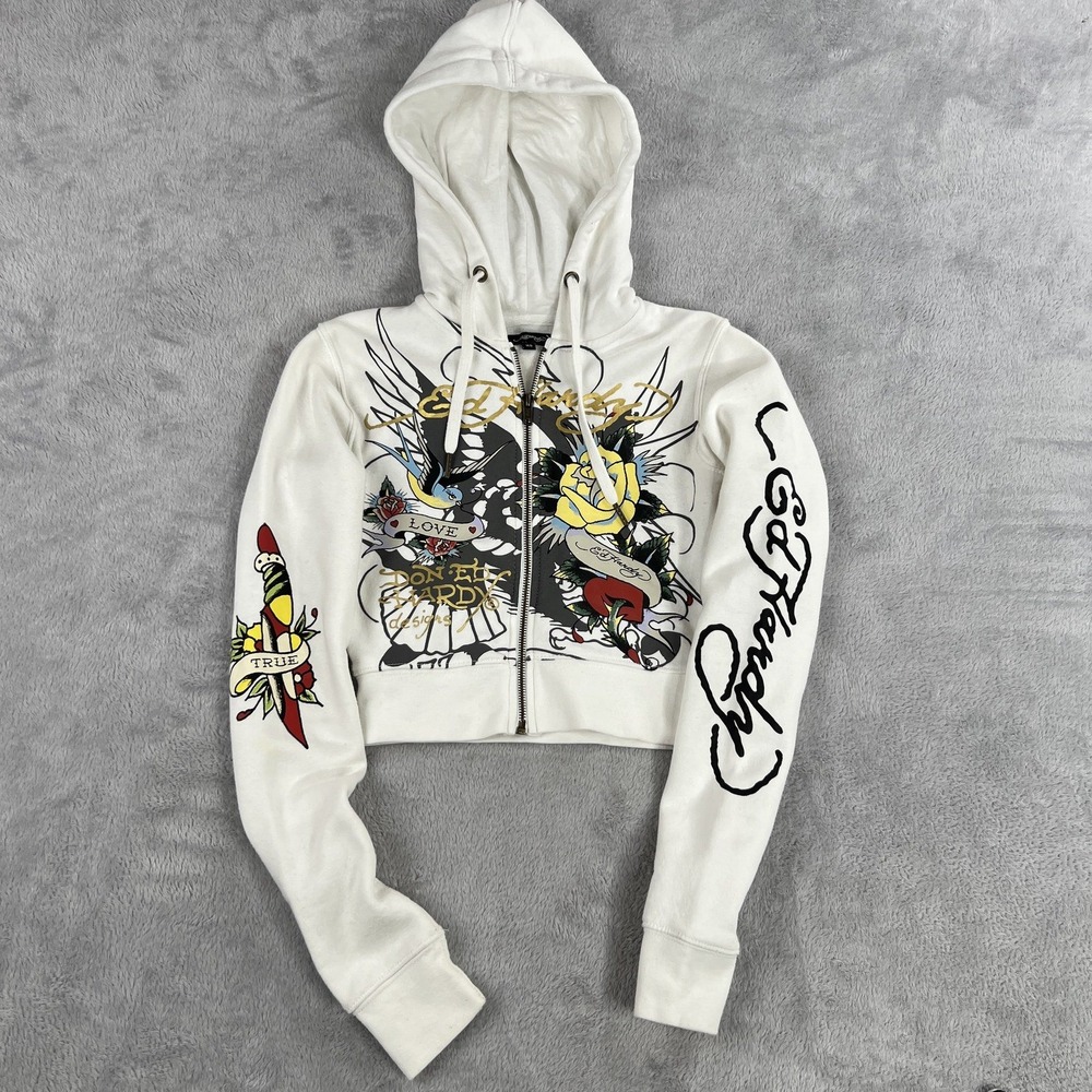 Ed Hardy Cropped Zip Hoodie XS White Womens Tattoo Eagle Graphic Y2K Audigier